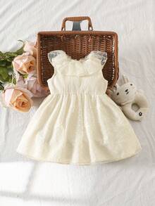 SHEIN Đầm lưới không tay cổ tròn màu mơ cho bé gái sơ sinh, thiết kế cài nút phía sau tiện dụng, kiểu dáng công chúa dễ thương, thích hợp cho tiệc sinh nhật 100 ngày, chụp ảnh, đám cưới, dã ngoại. - Màu be - Xem 3