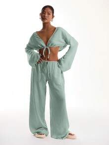 MUSERA 系带亚麻质感沙滩裤，优雅夏季度假阳光休闲波西米亚风白色机场冬季派对复活节 - 綠色 - 查看 3