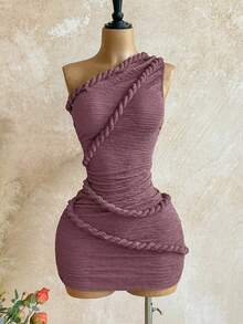 Soleia 新款度假风单肩修身迷你连衣裙，波西米亚风，度假风，秋季女装，复古风，假日风 - 紅木色 - 查看 5