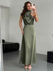 Aloruh Nuevo vestido de satén asimétrico de primavera/verano con cuello mao, cintura ceñida y elegante, vestido de invitada de boda, vestido de trabajo elegante, vestido de fiesta de noche, vestido verde para el Día de San Patricio, vestido verde militar, vestidos de lujo verde oscuro para mujer, vestido largo de cuello alto verde menta, vestido formal elegante, vestidos casuales largos clásicos para mujer, vestidos de verano para mujer - Verde - Ver 5