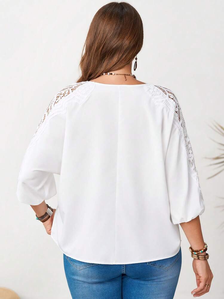Women's Custom Floral Collar Splice Casual Vacation Shirt, Spring/Summer Mother's Day Gift, White Blouse White Tops For Women Plus Size Quarter Sleeve Tops White Blouses For Women Lace White Top White Boho Top Women's Tops And Blouses Blouse For Women Casual Modern Latest Tops For Women New Arrivals Women's Tops For Summer Blouses For Women Casual Elegant Classy Tops For Women With Sleeves
