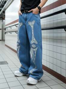 Manfinity EMRG Quần jeans ống rộng wash, thiết kế mới mùa xuân, phối họa tiết thêu đắp. - Màu xanh lam - Xem 3