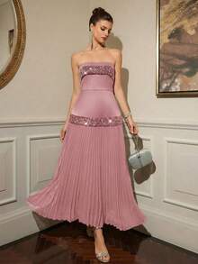 Poshira Women's Sequin Patchwork Pleated Hem Strapless Formal Gown - Dusty Pink - View 6