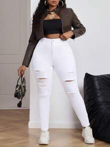 SHEIN PETITE CURVE Summer Plus Size PETITE CURVE Women's White Silky Smart Casual Everyday High Waisted Distressed Ripped Frayed Slim Fit Skinny Jeans Denim Pants - White - View 7