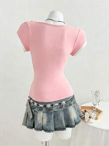 Elamini 花瓣袖二合一撞色荷叶边下摆修身休闲春夏女式T恤 - 淺粉色 - 查看 2