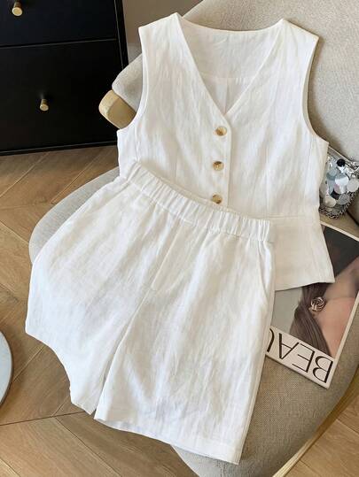 Airaco 女士白色纽扣前开襟背心和松紧腰短裤套装，休闲优雅夏季度假装