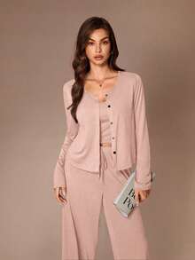 Lazeform 3pcs Women's Solid Color Casual Loungewear Set - Button-Up Long Sleeve Top And Spaghetti Strap Long Pants, Autumn/Winter - Pink - View 3