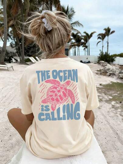 SHEIN Girls' Teens Short Sleeve Top, Letter & Ocean Element Print, Casual Crew Neck T-Shirt, Apricot Color, Comfortable & Versatile For All Seasons