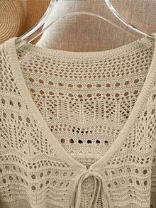 Franclia Áo khoác cardigan mỏng nhẹ, màu trơn, chất liệu ren móc rỗng, kiểu dáng đa năng dành cho nữ. - Lạc đà - Xem 3