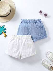 SHEIN 2pcs/Set Celana Pendek Denim Kasual Dua Warna untuk Anak Perempuan - MultiWarna - View 2