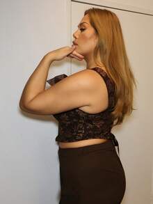 MelDlgn Plus Size Women Floral Jacquard Coffee Brown Camisole Tank Top,Valentine Day - Coffee Brown - View 3