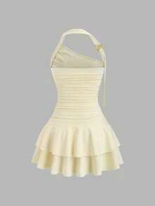 Sweetra New Design Spiral Gold Necklace Cinched Waist Cake Skirt Mini Dress For Women - Light Yellow - View 2