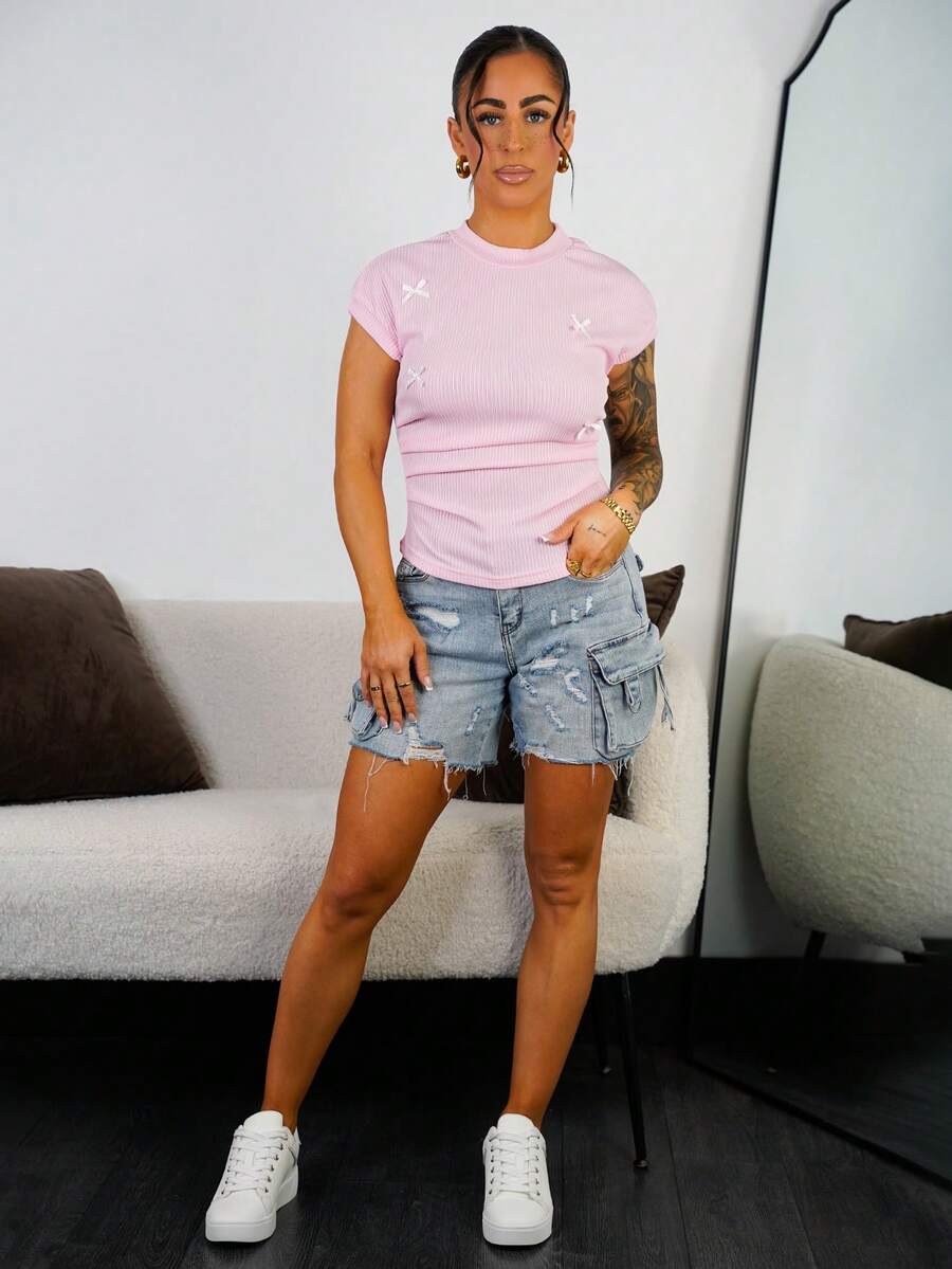 SAYEHFBABY Blusa de manga corta con lazo fruncido y estilo francés, versátil y de moda