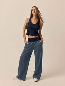 Aralina 撞色罗纹宽腰带和阔腿宽松运动裤 - 藍色 - 查看 1