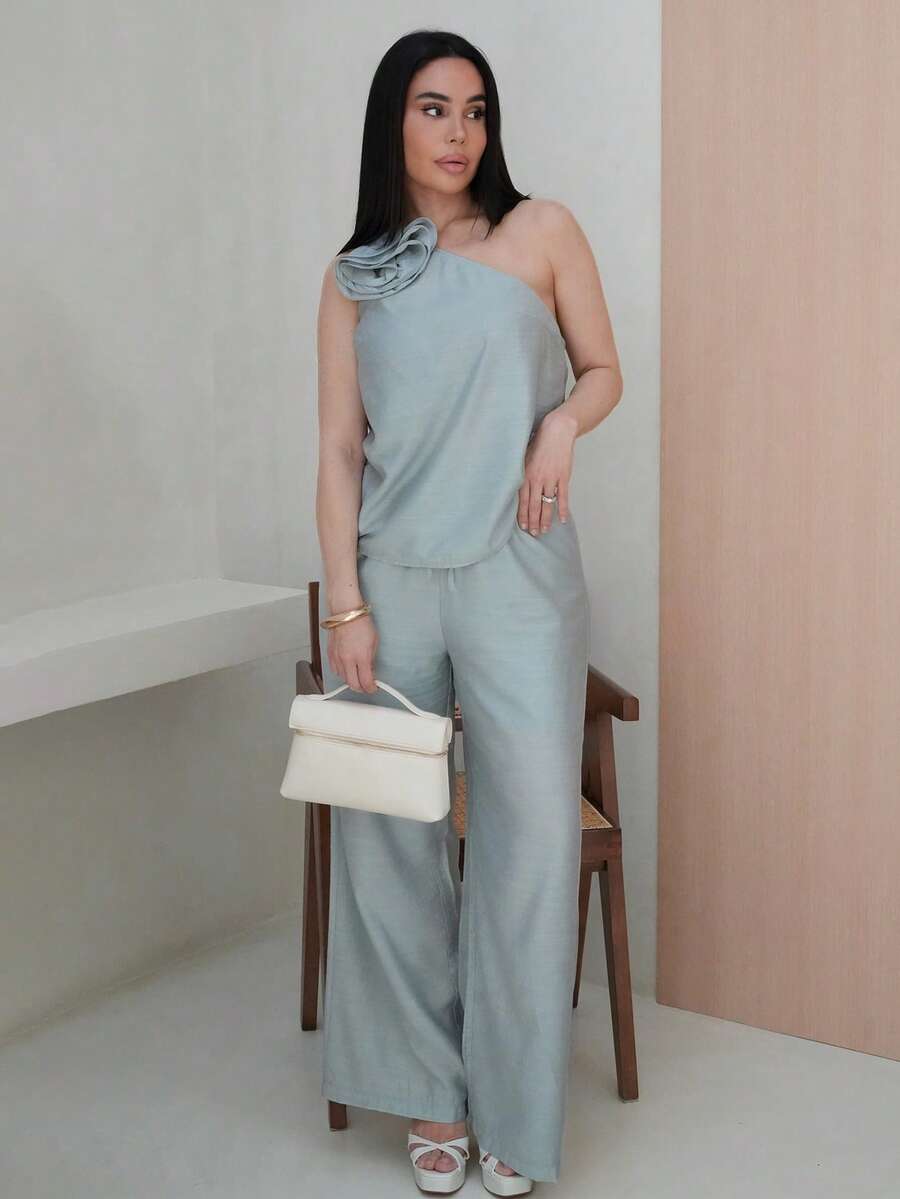 Milla Jasmine 2pcs/Set Women Solid Color Asymmetrical Collar Top And Wide Leg Pants, Vacation Style - Light Wash - View 1