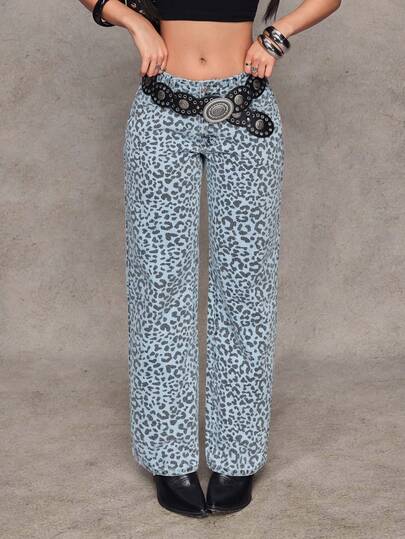 Jeanoix Y2K 时尚低腰豹纹水洗宽松直筒牛仔裤