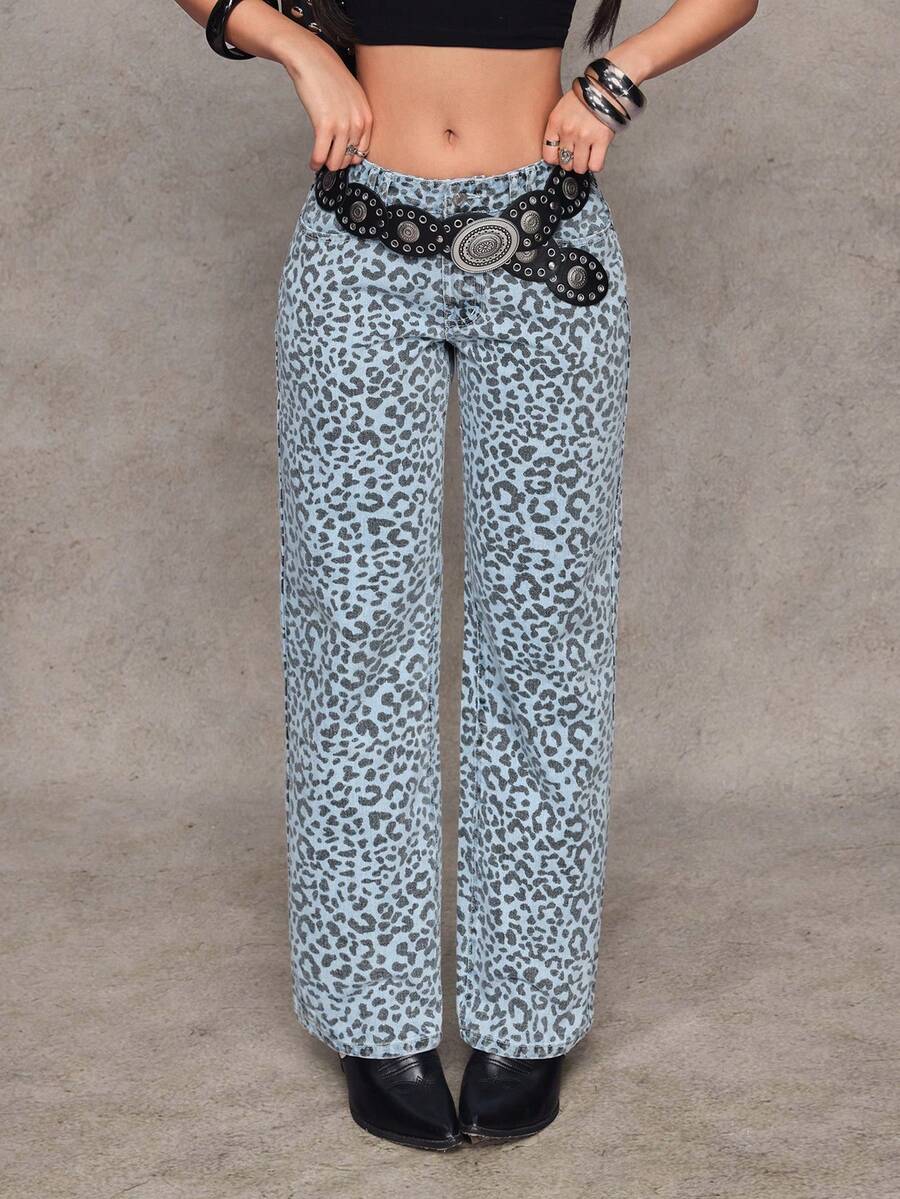 Jeanoix Y2K 时尚低腰豹纹水洗宽松直筒牛仔裤 - 彩色 - 查看 1