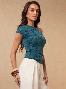 Silquee Áo kiểu nữ Jacquard phối khóa kim loại, vai lệch, thích hợp cho mùa xuân/hè. - màu xanh lá - Xem 6