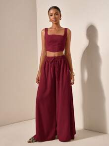 Zivah 新款春夏度假休闲鱼骨吊带上衣和阔腿裤两件套，带口袋，纹理面料 - 酒紅色 - 查看 6