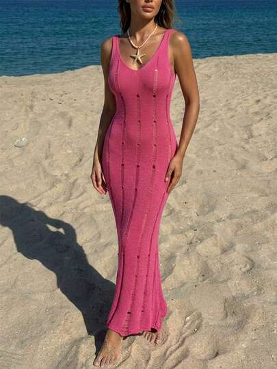 Zyxie Vestido de punto casual de unicolor para vacaciones y playa para mujer