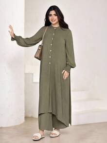 Veilorie Women's Solid Color Front Button Asymmetric Hem Long Sleeve Top And Pants Elegant 2 Pieces Set - Army Green - View 13