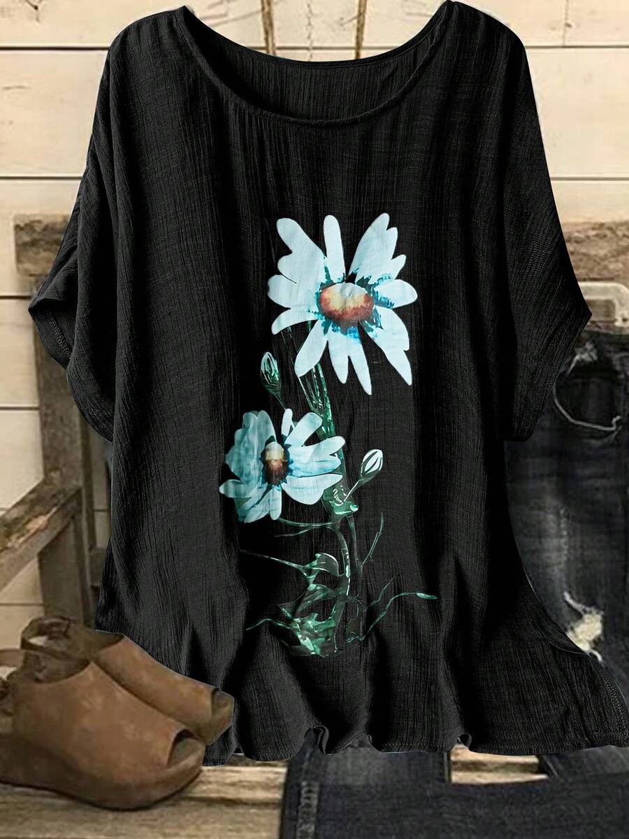 Linhara Áo sơ mi cỡ lớn mùa hè, kiểu dáng thường ngày, chất liệu giả cotton, in họa tiết. - màu đen - Xem 1