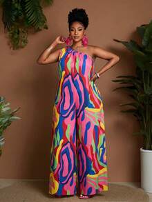 Maweii Combinaison ample à épaules asymétriques et jambes larges pour femmes grandes tailles - Multicolore - Voir 1