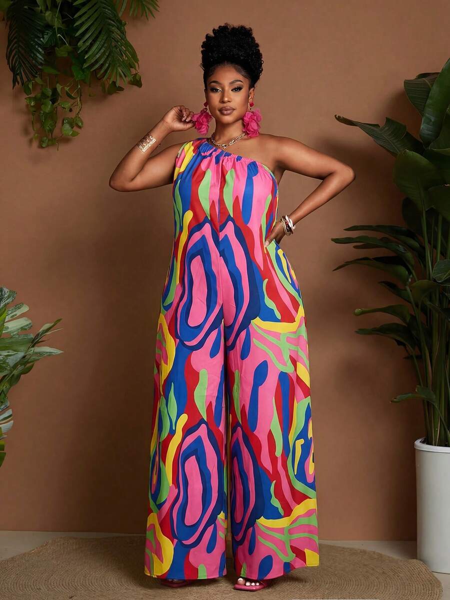 Maweii Combinaison ample à épaules asymétriques et jambes larges pour femmes grandes tailles - Multicolore - Voir 1