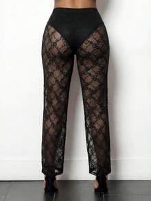 BamGleam Women's Lace See-Through Sexy Wide Leg Black Pants, Summer - Black - View 2