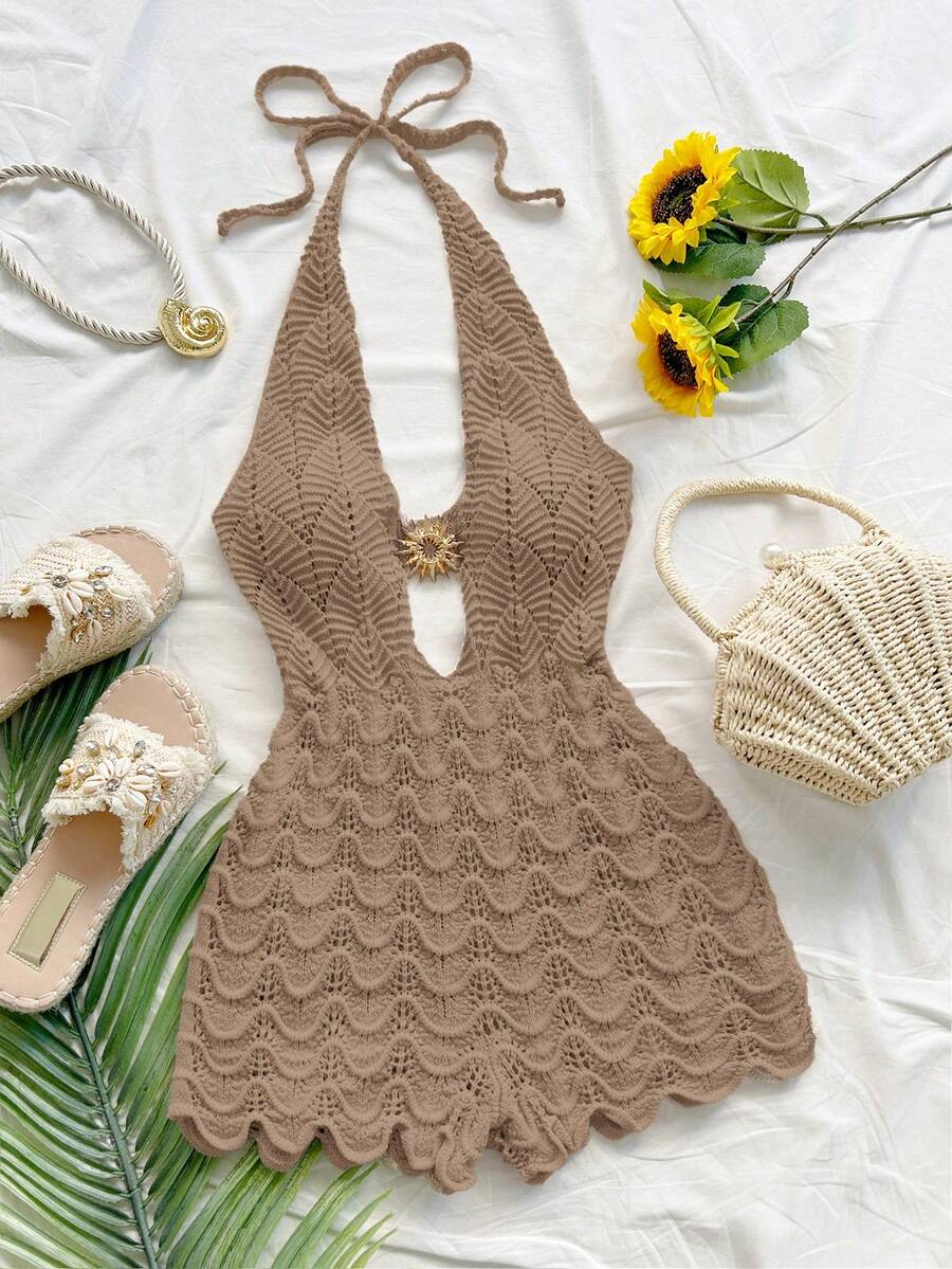 Soleia 女士纯色金属装饰吊带系带性感约会派对针织连体衣 - 卡其色 - 查看 1