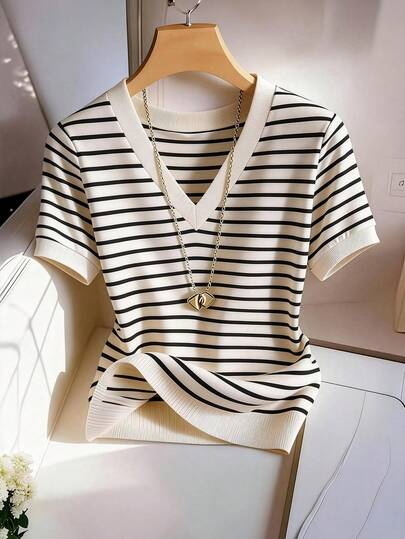 SHEIN Tall 女性用新作ストライプVネック半袖Tシャツ