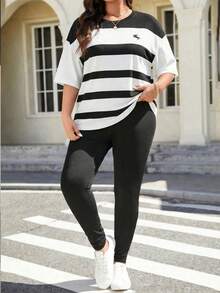 Zelara 两件套秋季女装加大码黑白条纹落肩优雅女式魅力T恤和打底裤休闲套装女式端庄两件套机场女装套装黑色两件套旅行装机场 - 黑與白 - 查看 6