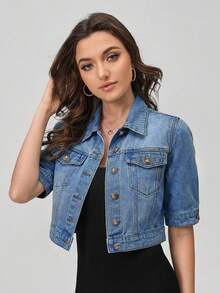 SHEIN EZwear 女士短袖单排扣休闲牛仔外套 - 淺色水洗藍 - 查看 6