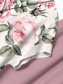 EMERY ROSE Floral Rose Print Plus Size 2 Pieces Set, Suitable For Mother's Day, Spring/Summer - White - View 5