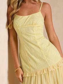 Enchnt Đầm hai dây nữ mùa hè kiểu dáng thường ngày, màu trơn, chất liệu jacquard, dáng suông. - Butter Yellow - Xem 2