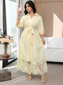 Modelyn Plus Size Elegant Solid Color Hollow Patchwork Front Button Dress, Summer Fall - Pale Yellow - View 2