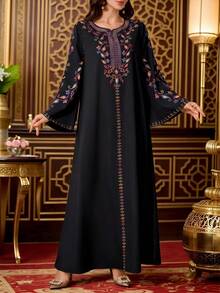 Al Najma Đầm truyền thống Ả Rập thêu hoa dành cho nữ, thích hợp cho các buổi tiệc, du lịch, thường ngày. - màu đen - Xem 8
