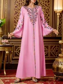 Al Najma Đầm truyền thống Ả Rập thêu hoa dành cho nữ, thích hợp cho các buổi tiệc, du lịch, thường ngày. - Hồng - Xem 8