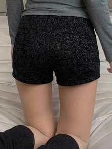 DAZY Solid Color High Waist Elastic Fitted Cropped Gray Shorts For Women, Summer - Black - View 3