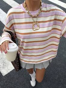 Muchica 女士粉色条纹针织T恤 - 淡紫色 - 查看 6