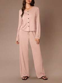 Lazeform 3pcs Women's Solid Color Casual Loungewear Set - Button-Up Long Sleeve Top And Spaghetti Strap Long Pants, Autumn/Winter - Pink - View 6