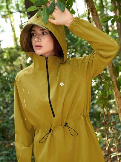 In My Nature Women's Botanical Print Raglan Sleeve Zip-Up Half Placket Hooded Outdoor Rain Jacket