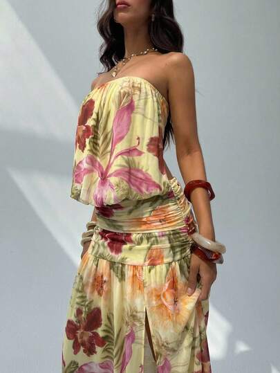 Aloruh Vestido de vacaciones con estampado sin espalda y bandeau sexy