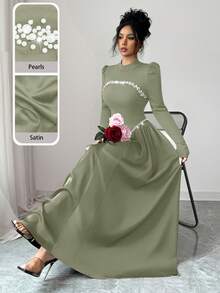 Modelyn Elegant Long Wine Red Beaded Dress For Women, Suitable For Outings In Winter - Gray green - View 6