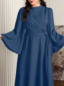 Modelyn Đầm maxi dài xòe rộng cổ khăn choàng dành cho nữ cỡ lớn, màu đỏ đậm thanh lịch. - Màu xanh lam - Xem 5