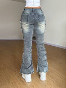 StreetHx Women's Pocket Button Casual Flare Leg Jeans, Versatile For Daily Wear - Blue - View 2