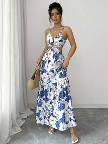 Elenzga Đầm xòe chữ A hở lưng, thắt eo, nơ rỗng, họa tiết hoa xanh trắng dành cho nữ, thích hợp cho công sở, thời trang, thanh lịch, đa năng, lãng mạn, ngọt ngào, phong cách Pháp cổ điển, đi nghỉ mát. - Nhiều màu - Xem 5