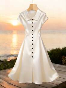 GlowEve 女士优雅纯色衬衫领铆钉荷叶边腰部细节修身黑色衬衫裙，配缎面装饰纽扣，短袖，夏季穿着 - 杏色 - 查看 4