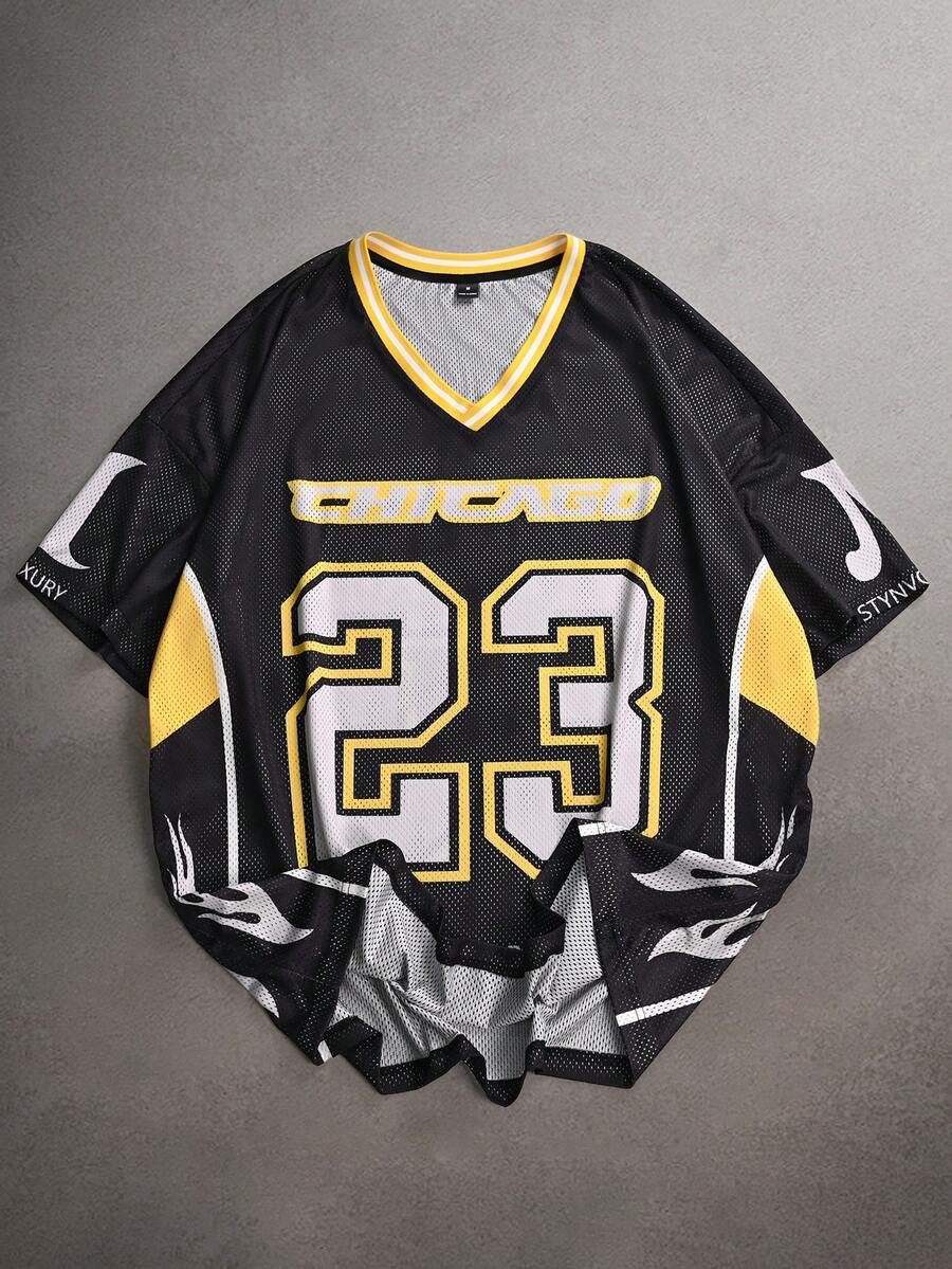 STYNVO Camiseta casual de manga corta y cuello en V con estampado numérico para hombre, de corte holgado - Multicolor - Ver 1