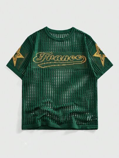 ROMWE MEN Street Life Áo nam mùa hè thời trang đường phố, họa tiết chữ cái và ngôi sao, chất liệu jacquard khoét rỗng, hơi xuyên thấu.